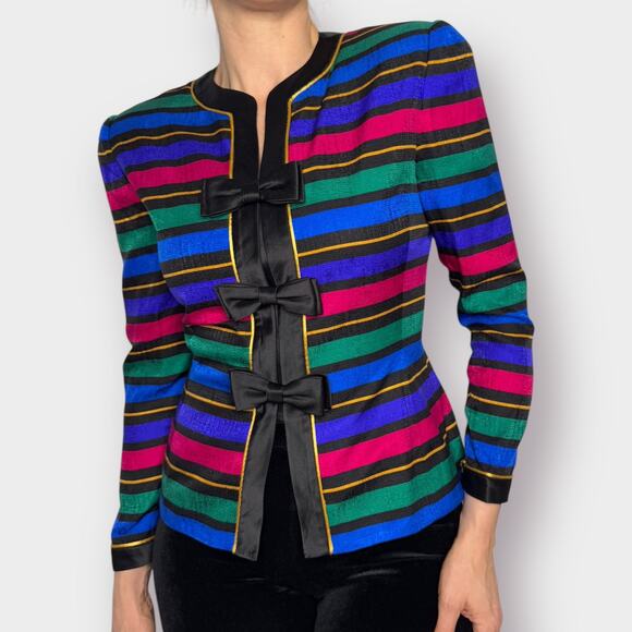 Vintage 80s Adrianna Papell Striped Blazer‎ with Bows - Picture 2 of 9